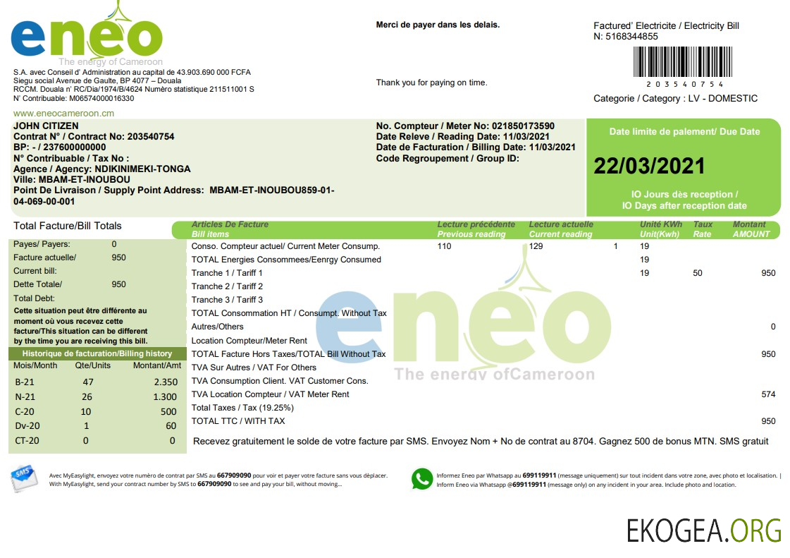 Cameroon ENEO electricity utility bill template in Word and PDF format (current version)